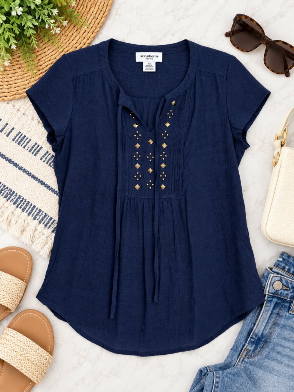 Liz Claiborne Petite XS Navy Studded Boho Peasant Blouse
